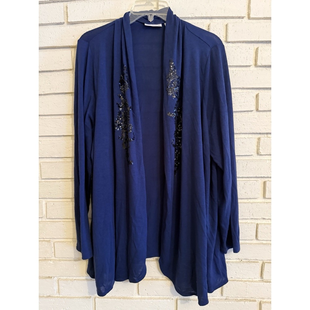 Susan‎ Graver Open Front Sequin Cardigan Long Sleeve Blue Size 1X